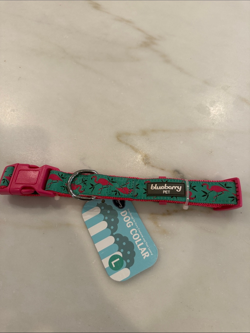 Blueberry Pet Flamingo Print Dog Collar — Pink & Teal for 50-80lbs